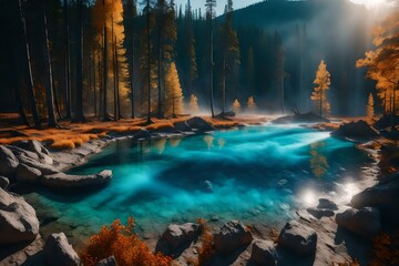 Fantastic blue lake in the autumn forest