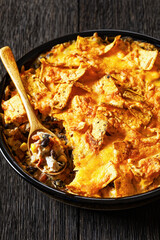 Frito chicken casserole in baking dish, top view