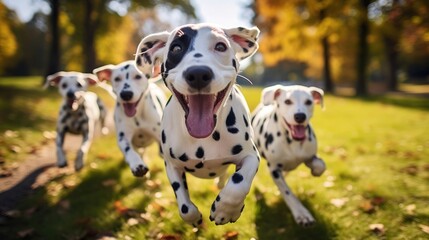 Cute funny dalmatian dogs group running and playing on green grass in park in autum, Generative AI