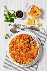 Frito chicken casserole in baking dish, top view