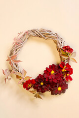 Wreath of autumn flowers, red floral composition - 640752444