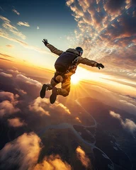 Foto op Plexiglas A Parachutist in free fall at the sunset extream sport lifestyle with beautiful sky cloud sunset background © VERTEX SPACE