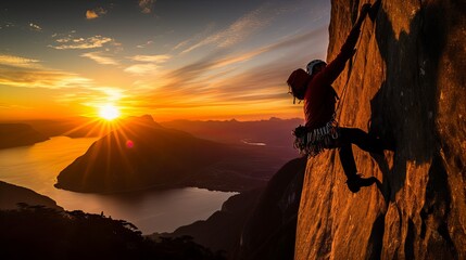 extream sport A person climbing a rock face at sunset young man climb cliff moutain extream sport activity risk lifestyle nature mountain and beautiful sunset sky background