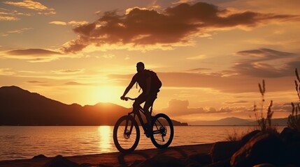 senior retired adult male enjoy exercise bike on nature beach recreation casual relax riding bicycle summertime vacation sunset sky background