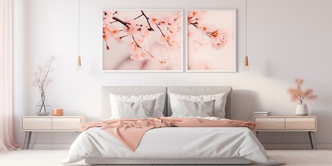 AI Generated. AI Generative. Cozy interior architecture bedroom in soft light colors. Can be used for hotel or house presentation mock up