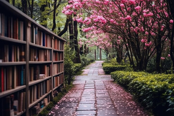 Naklejka premium Bookshelf in the park with pink rhododendron flowers
