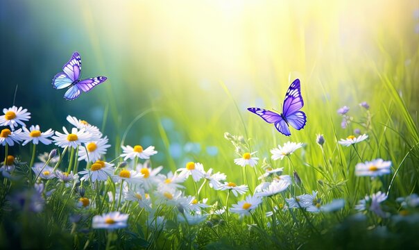Beautiful field meadow flowers chamomile and violet wild bells and three flying butterflies in morning green grass in sunlight, natural landscape. Delightful pastoral airy fresh artistic, GenerativeAI