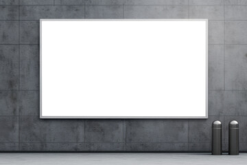 White large horizontal billboard, information board, signboard mock up on gray wall