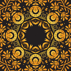 Luxury ornamental mandala design background in gold, Luxury wedding invitation, Ornamental floral corner frame, black background with gold mandala decoration