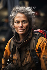 Fototapeta premium Portrait of Firefighter at Emergency Scene - Generative Ai