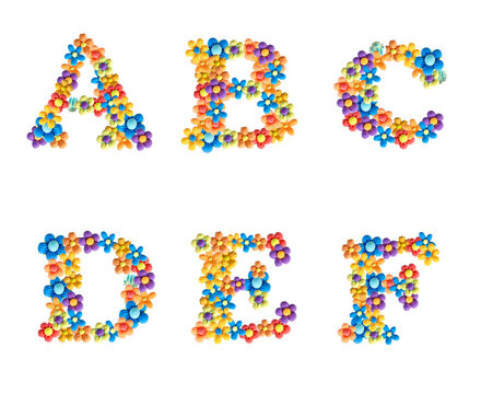 3d alphabet, handmade plasticine letters. Unique design of letters for decoration. Letters made of bright three-dimensional flowers ABCDEF.