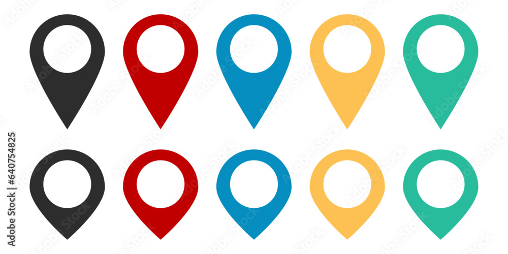 Poster A set of location designations on a map. Vector set of different colors of pointer pointer, map markers.