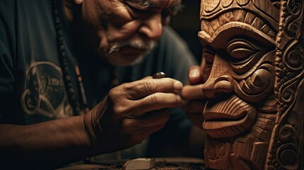 Illustration of an old man making a wooden sculpture, cool