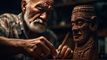 Illustration of an old man making a wooden sculpture, cool - obrazy, fototapety, plakaty