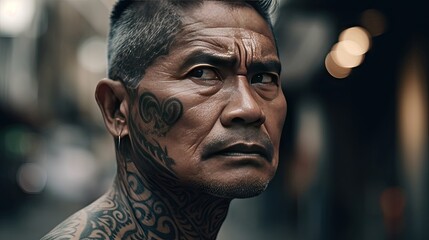 Illustration of a Hawaiian tattooed on the face and smoking, cool
