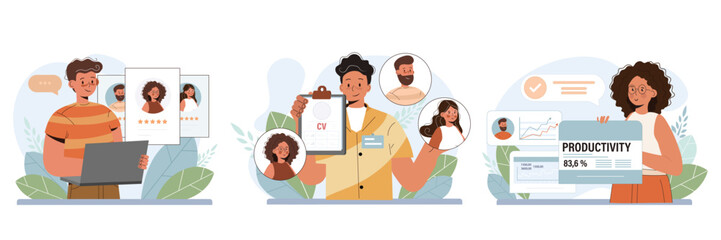 Job hunting and hiring set. Human resources manager competencies set. Recruitment and personnel concept. HR manager looking for a job candidate, maintaining employee performance. Flat vector