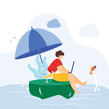 Digital nomad lifestyle illustration child with umbrella useable for both ios android and web