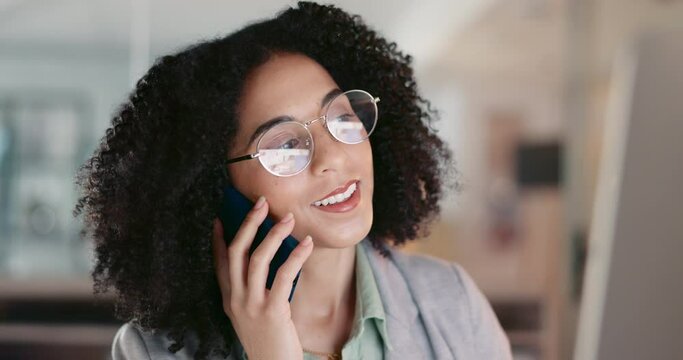 Check, time and woman in office with a phone call, communication of schedule or booking an appointment for work. Reading, watch and employee thinking of corporate meeting timetable or deadline