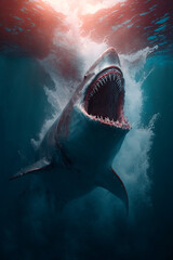A shark with its mouth open in the water. Generative AI