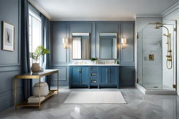 Modern blue bathroom interior with bath and decorative objects