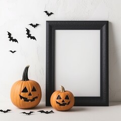  halloween themed mockup frame that is white inside the frame with pumpkins, bats and other symbols, black and orange colors.