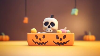 3D Cute white skull and coffin with halloween pumpkins decoration, isolated on blurred pastel background
