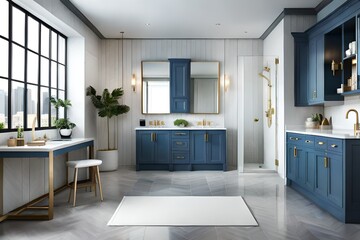 Modern blue bathroom interior with bath and decorative objects