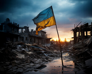 The national flag of Ukraine flies over war-torn houses