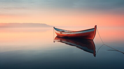 A lonely empty wooden boat is reflected in calm water. calm reflection, mirror of nature. 