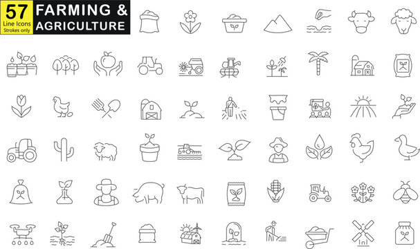 57 ícones de linha em preto e branco relacionados à agricultura e pecuária. uso projetos de design, apresentações e muito mais. Inclui imagens de animais de fazenda, plantas, ferramentas e edifícios