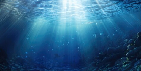 Obraz premium underwater background of sea with sunlight, blue clean water and pure water