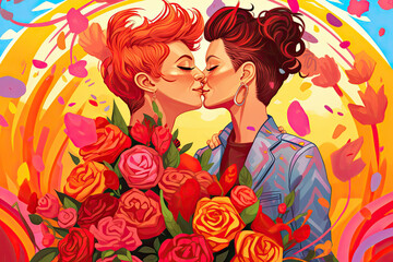 Bright illustration of a kiss of two women on a floral multi-colored background.