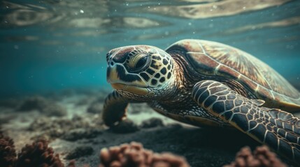 Illustration of turtles in the Hawaiian Sea that is beautiful and very clear, beautiful - obrazy, fototapety, plakaty