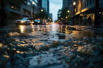 The flow of water in the storm drain after rain on a city street.