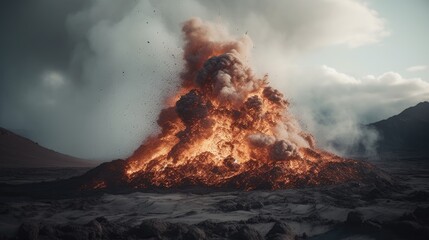 Illustration of a terrible mountain explosion and fiery fire, hot