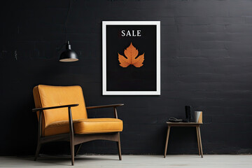 Room interior with orange leather armchair on black brick wall background. Autumn sale banner mockup for furniture store.