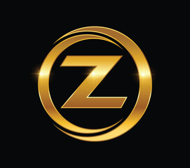 A vector illustration of Golden Circle Monogram Logo Initial Letter Z in black background with gold shine effect
