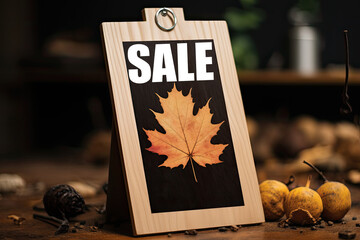 Wooden sign with a yellow maple leaf on a blurred garden background. Banner mockup for seasonal farm sale.