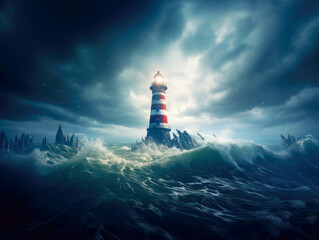 Lighthouse on stormy sea background
