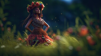 Illustration of a female Hawaiian dancer with traditional makeup, beautiful