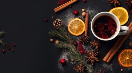 A cup of mulled wine or other warming drink with spices and a pine branch on a black background. Empty space for product placement or promotional text.