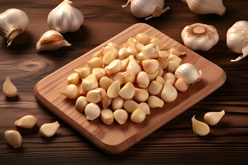 Fototapeta na wymiar Fresh Garlic on Wooden Cutting Board, Food Photography Studio