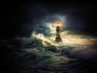 Lighthouse on stormy sea background