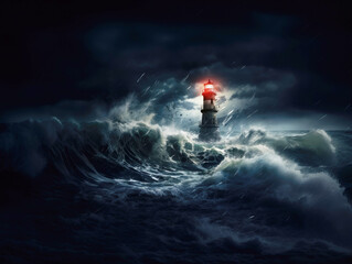 Lighthouse on stormy sea background