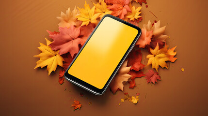 Phone with a blank screen on a pile of yellow leaves background. Advertising banner mockup for autumn seasonal sale of electronics.