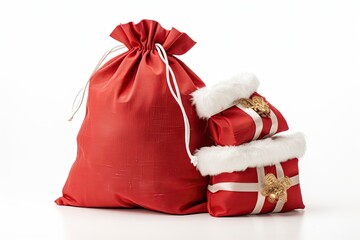 Red sack of Santa Claus with a stack of gifts on a white background.