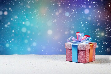 Bright New Year's gift box on a snowy table with blurred snowflakes background. Empty space for product placement or promotional text.
