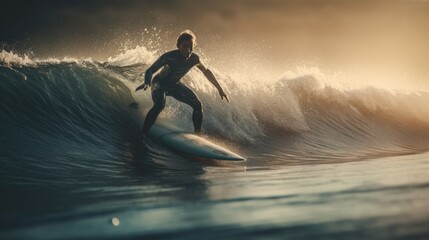 Illustration of a person surfing on a beach with big waves, cool