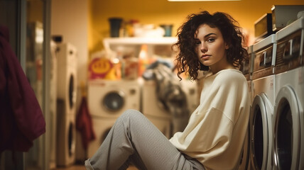 Fototapeta na wymiar Young woman waiting in a laundry room,generative ai