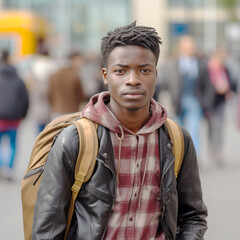 Young afro-american refugee with a backpack, student with a backpack on the street, A young afro-american refugee is trying to adapt to another country